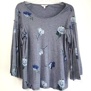 Lucky Brand Blue Floral Top Bell Sleeve Metallic Shimmer Size Small NWOT